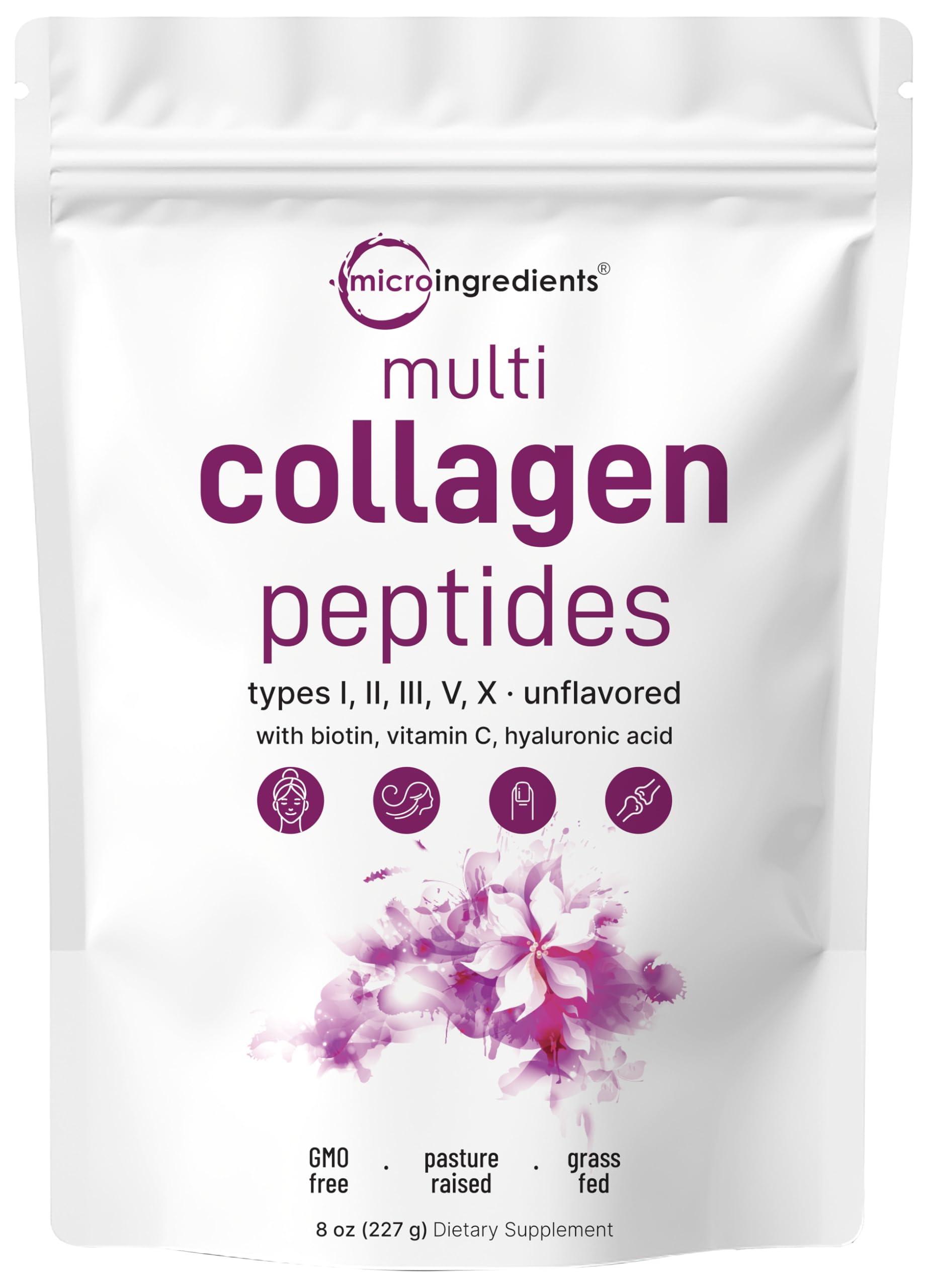 Front view of Micro Ingredients Multi Collagen Peptides Powder bottle 8oz