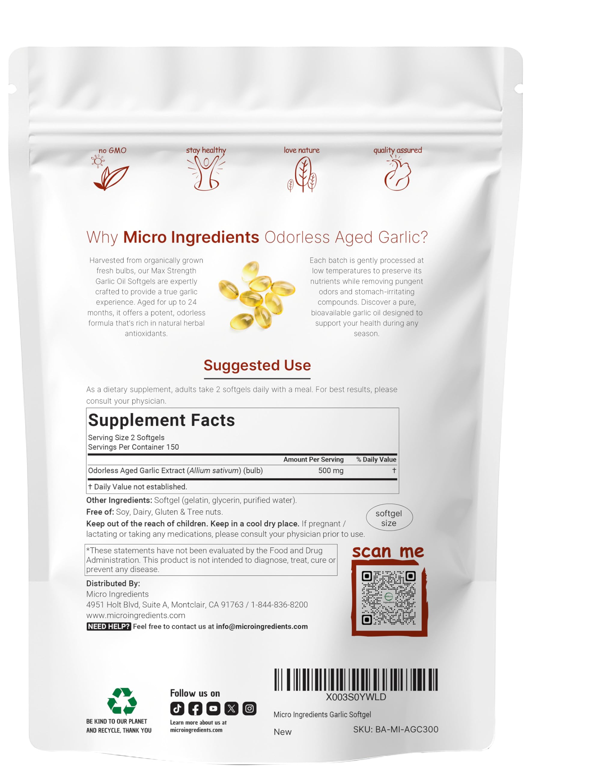 Back view of Micro Ingredients odorless garlic bottle showing label