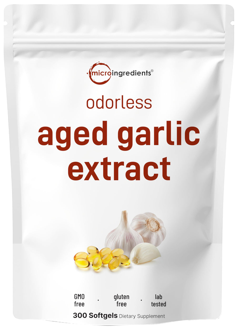 Front view of Micro Ingredients odorless garlic 300 softgels bottle