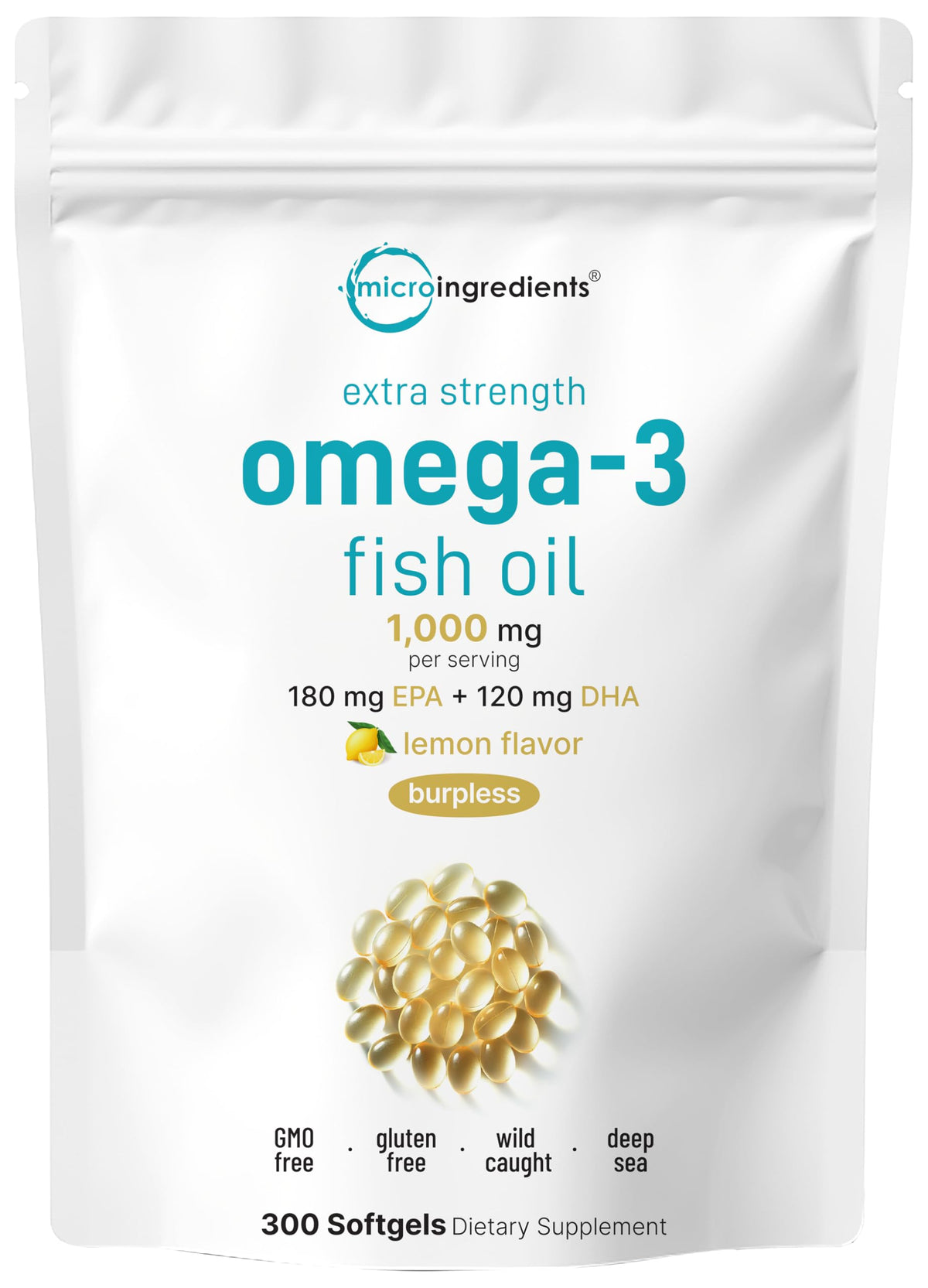 Front view of Micro Ingredients Omega-3 1000mg Lemon Burpless Softgels