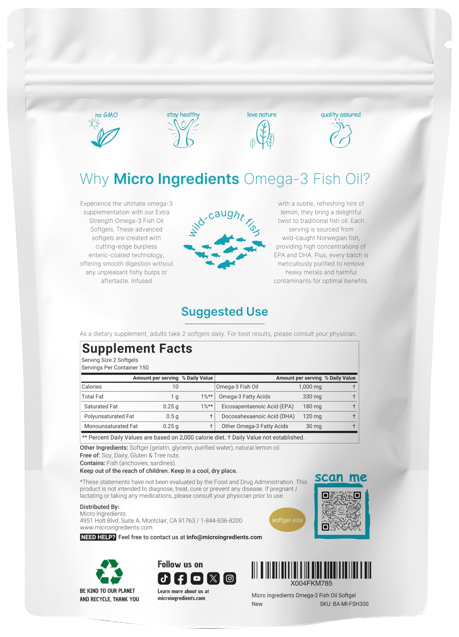 Pouch packaging for Micro Ingredients Omega-3 Lemon Burpless Softgels
