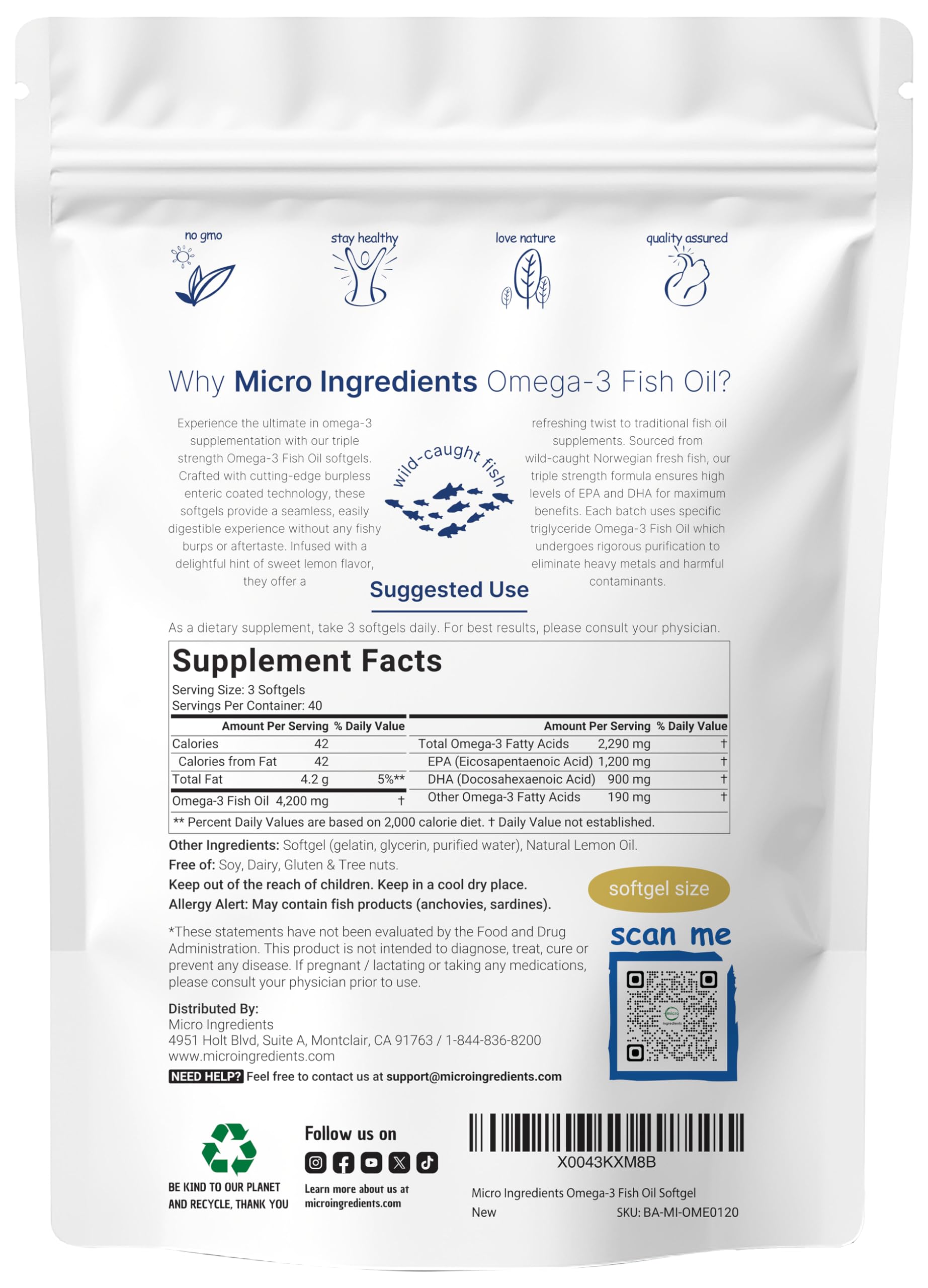 Omega-3 softgels from Micro Ingredients, 120-count, easy daily serving with burpless enteric coating.