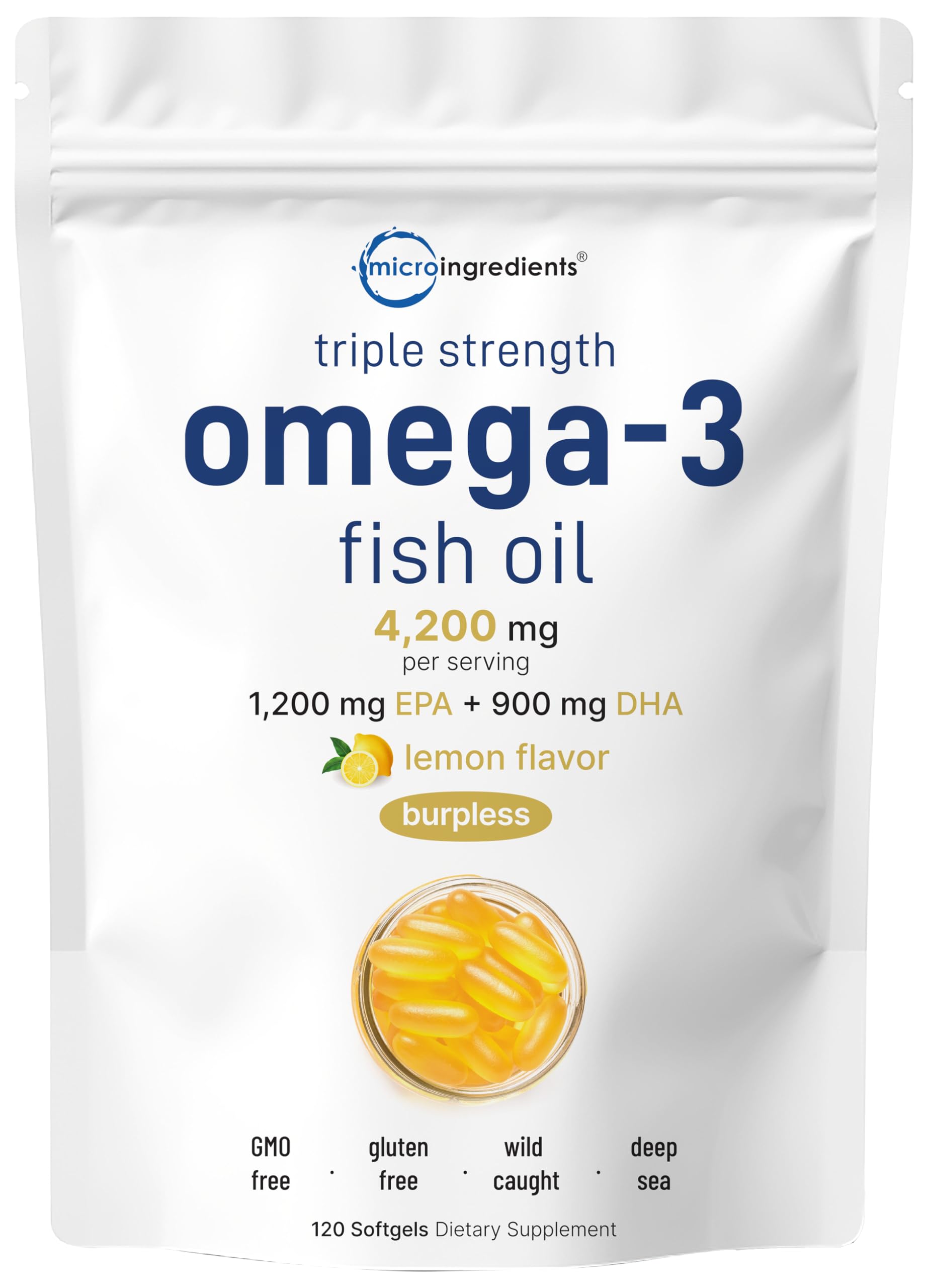 Micro Ingredients omega-3 triple strength lemon burpless softgels – 120 count (image 1)