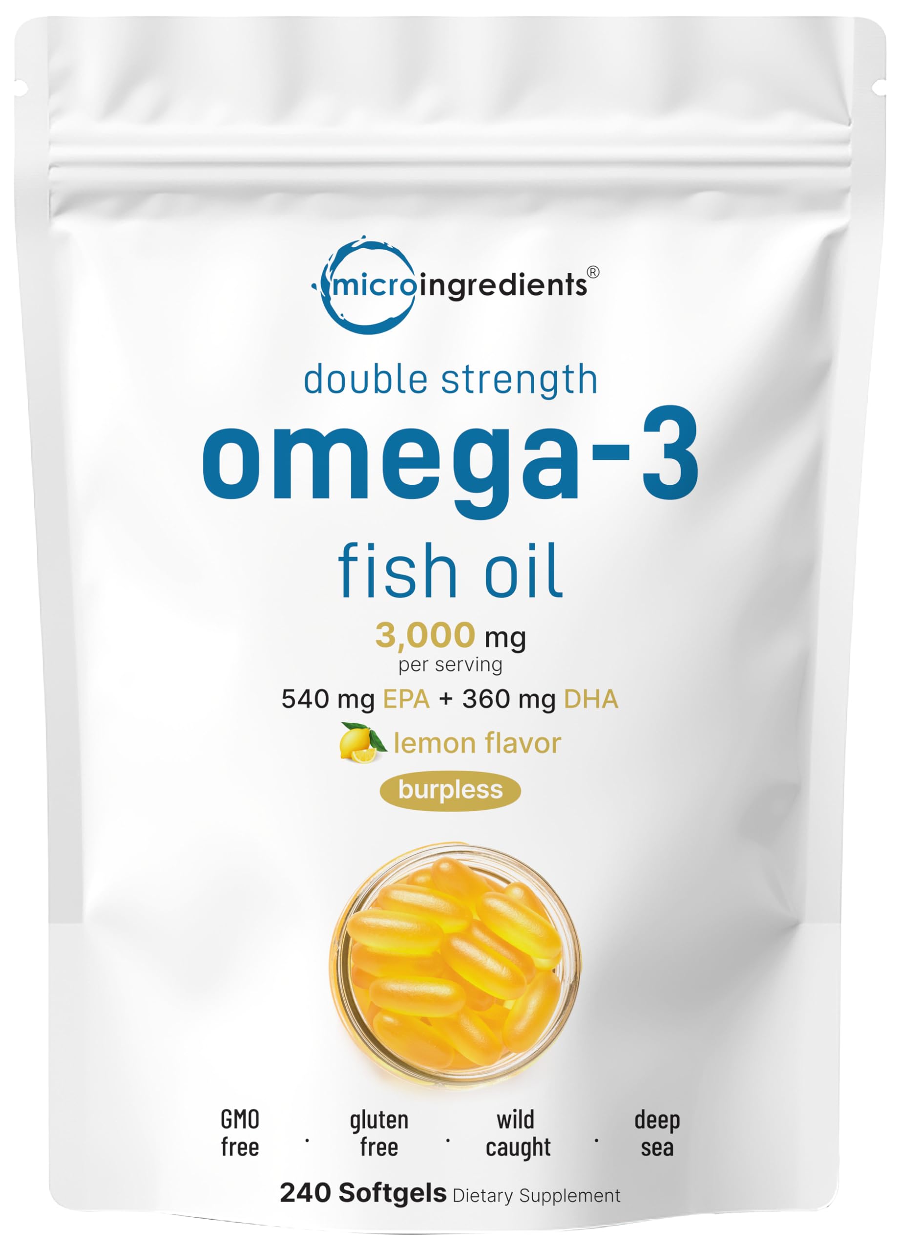 Main bottle of Micro Ingredients Omega-3 Fish Oil 3,000mg per serving with lemon flavor