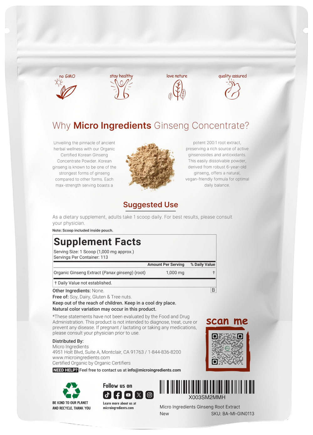 Organic Korean Red Ginseng 200:1 powder packaging
