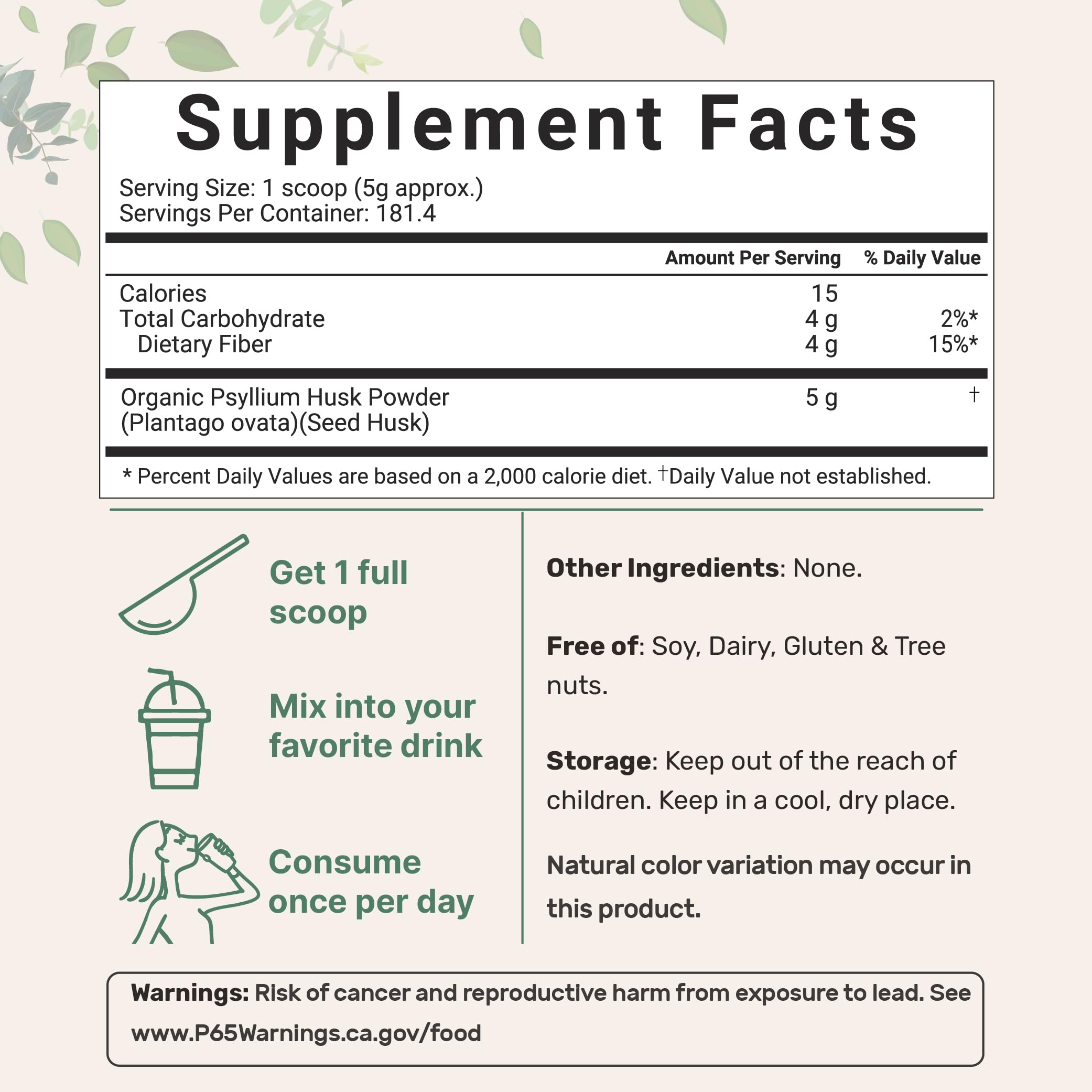 Psyllium husk powder 2lb back nutrition panel