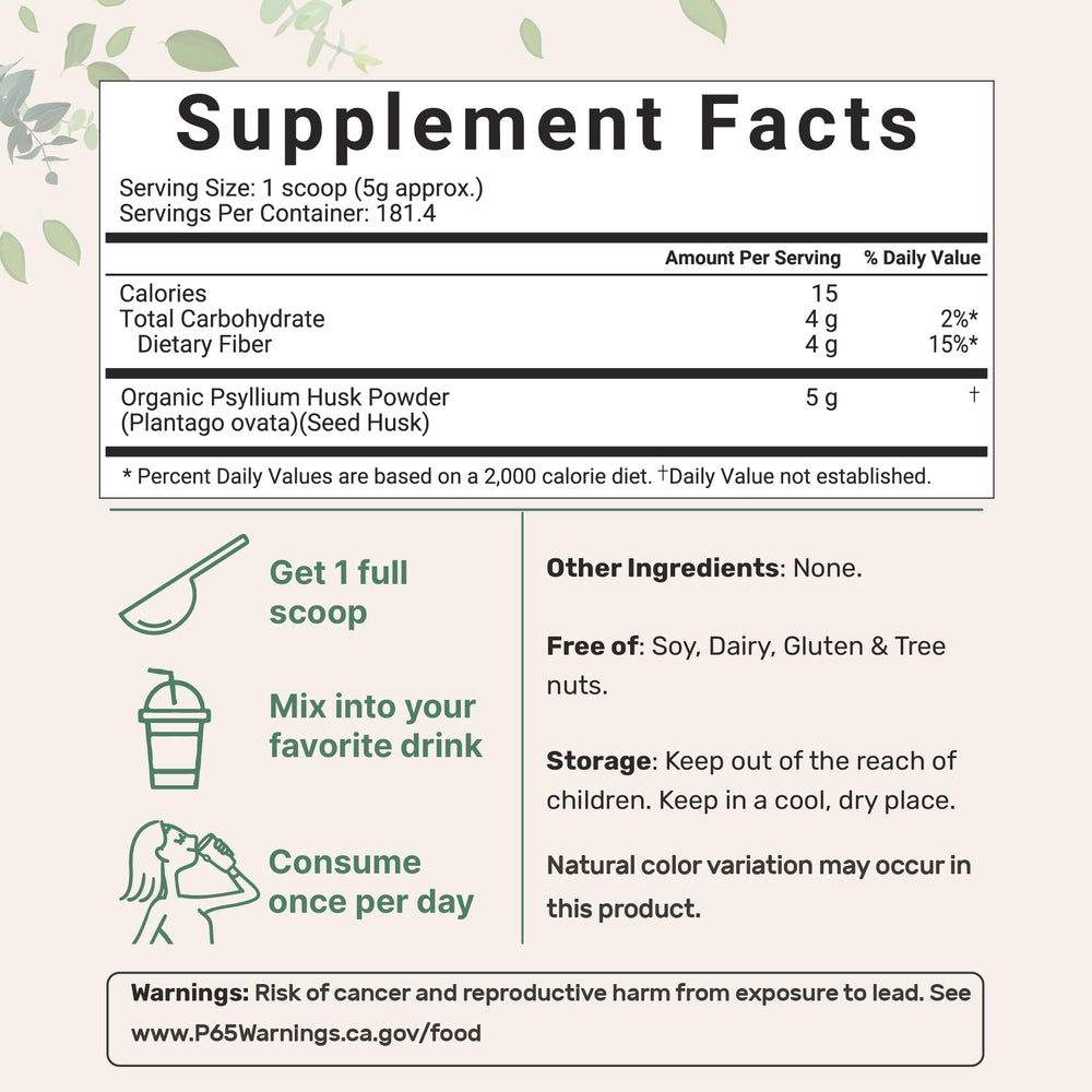 Psyllium husk powder 2lb back nutrition panel