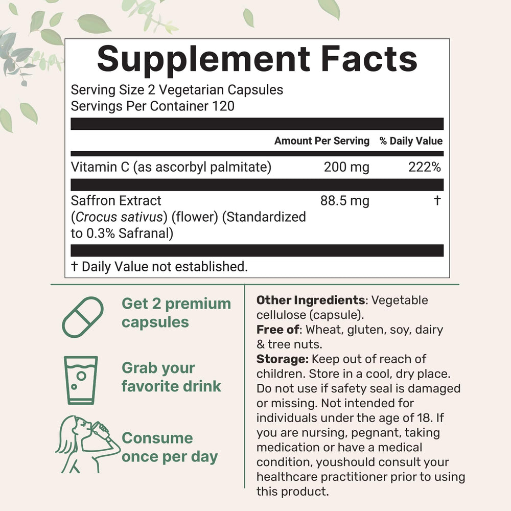 Close-up of saffron threads and saffron extract capsules