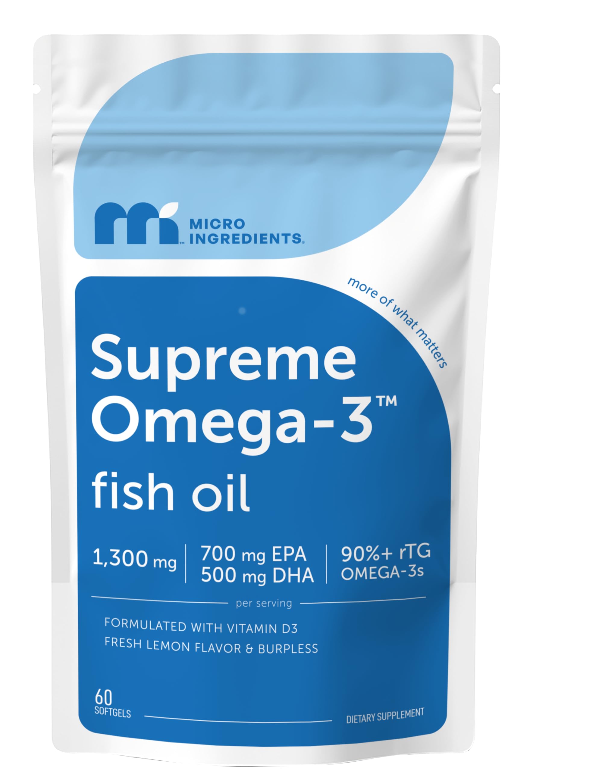 Micro Ingredients Supreme Omega-3 Fish Oil 60-count bottle with lemon burpless softgels