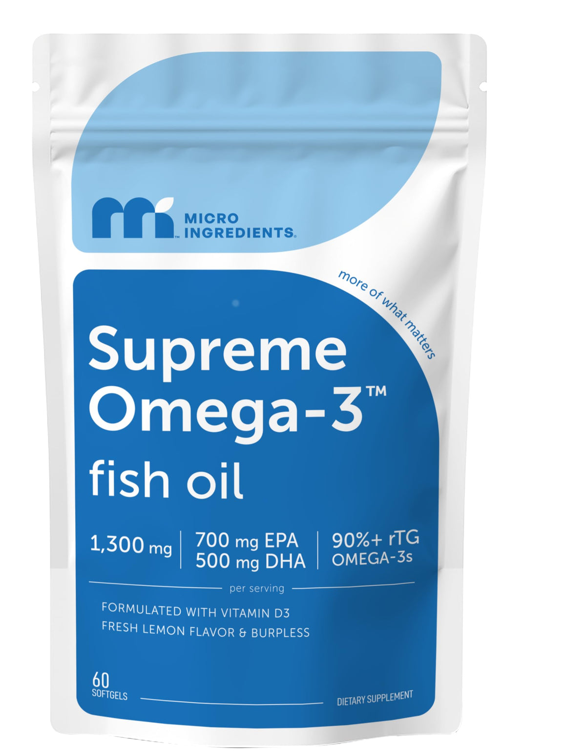 Micro Ingredients Supreme Omega-3 Fish Oil 60-count bottle with lemon burpless softgels