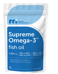 Micro Ingredients Supreme Omega-3 Fish Oil 60-count bottle with lemon burpless softgels