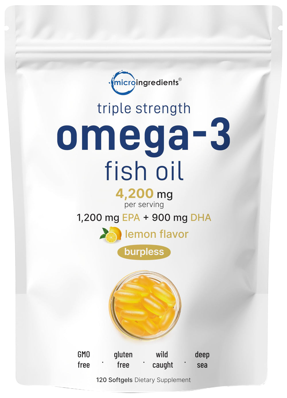 Micro Ingredients triple-strength omega-3 softgels bottle for daily heart and brain support.