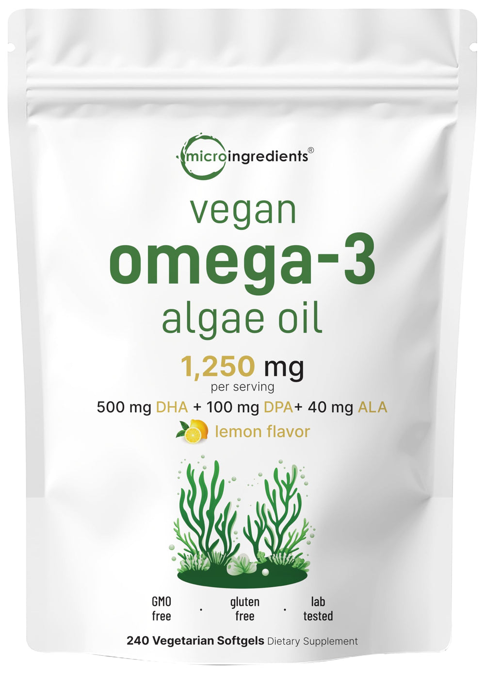 Bottle of Micro Ingredients Vegan Omega-3 Algae Oil softgels (240-count).