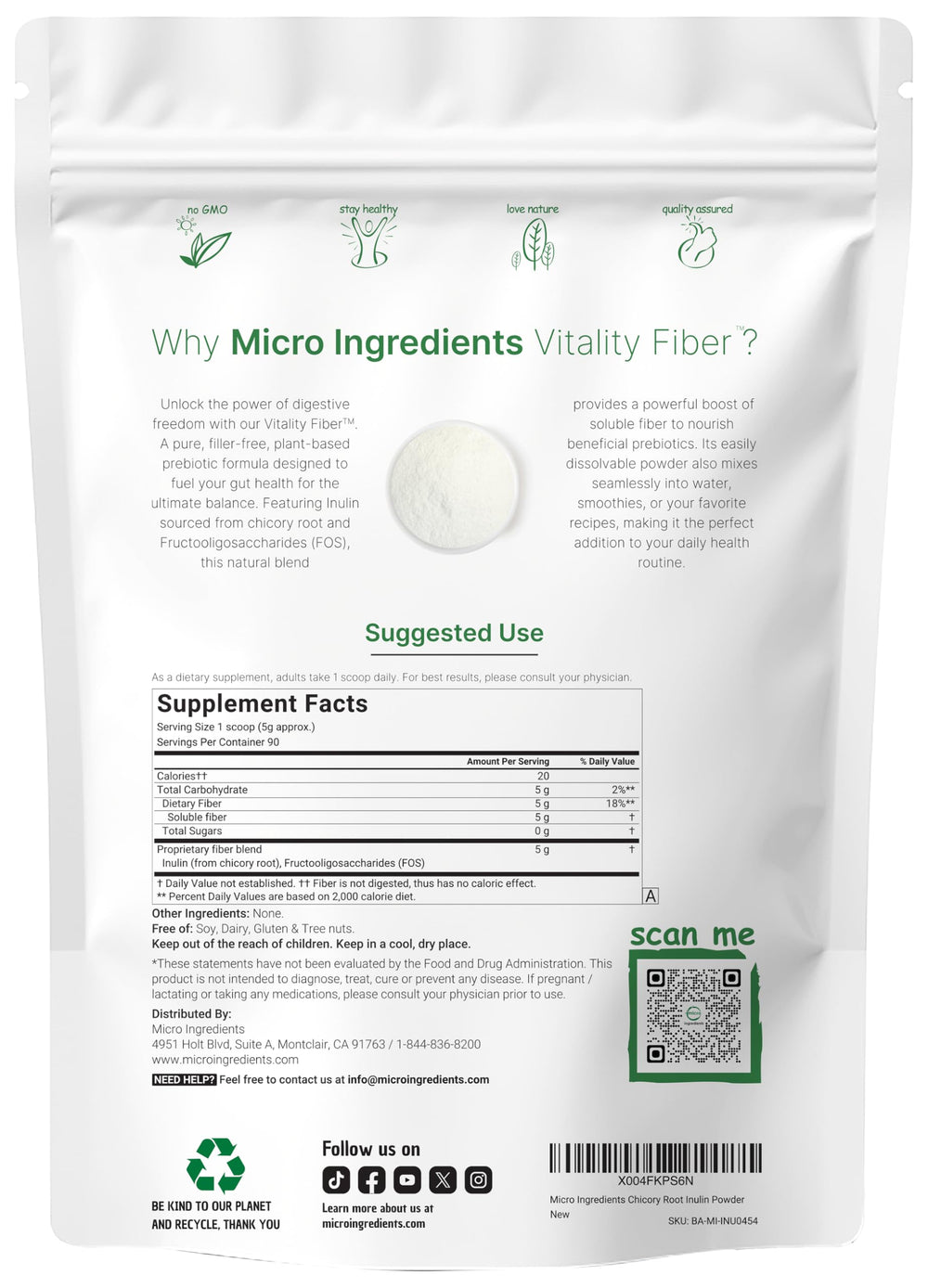 Back of Micro Ingredients Vitality Prebiotic Fiber Powder 1lb packaging