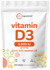 Bottle of Micro Ingredients Vitamin D3 5000 IU softgels with virgin coconut oil