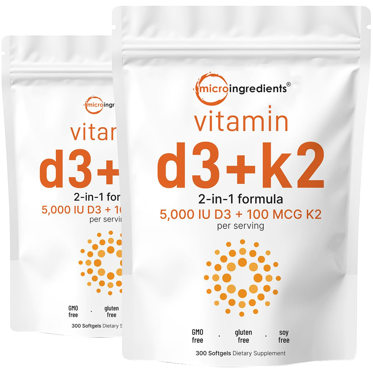 Front view of Micro Ingredients Vitamin D3 + K2 2-pack bottle