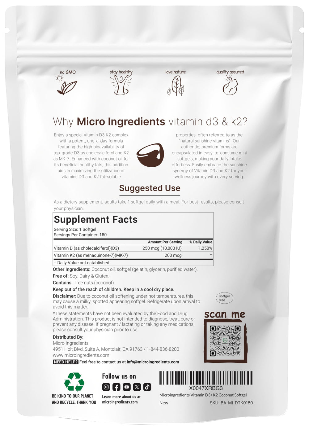 Micro Ingredients D3 + K2 softgels in coconut oil base