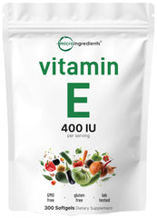 Bottle of Micro Ingredients Vitamin E 400IU 300 softgels – packshot