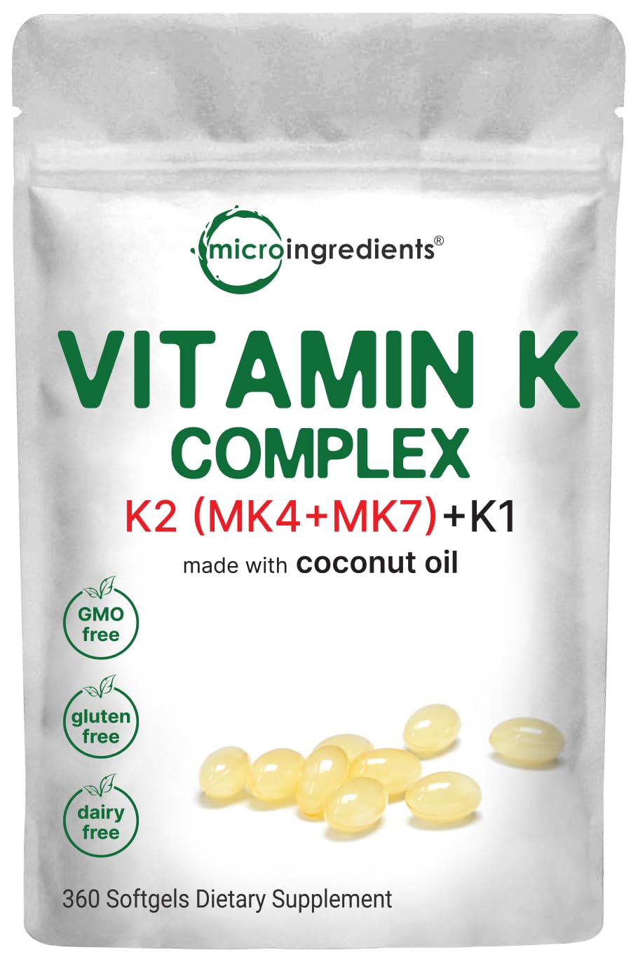 Micro Ingredients Vitamin K Complex softgels with K1, MK4, MK7 in coconut oil carrier