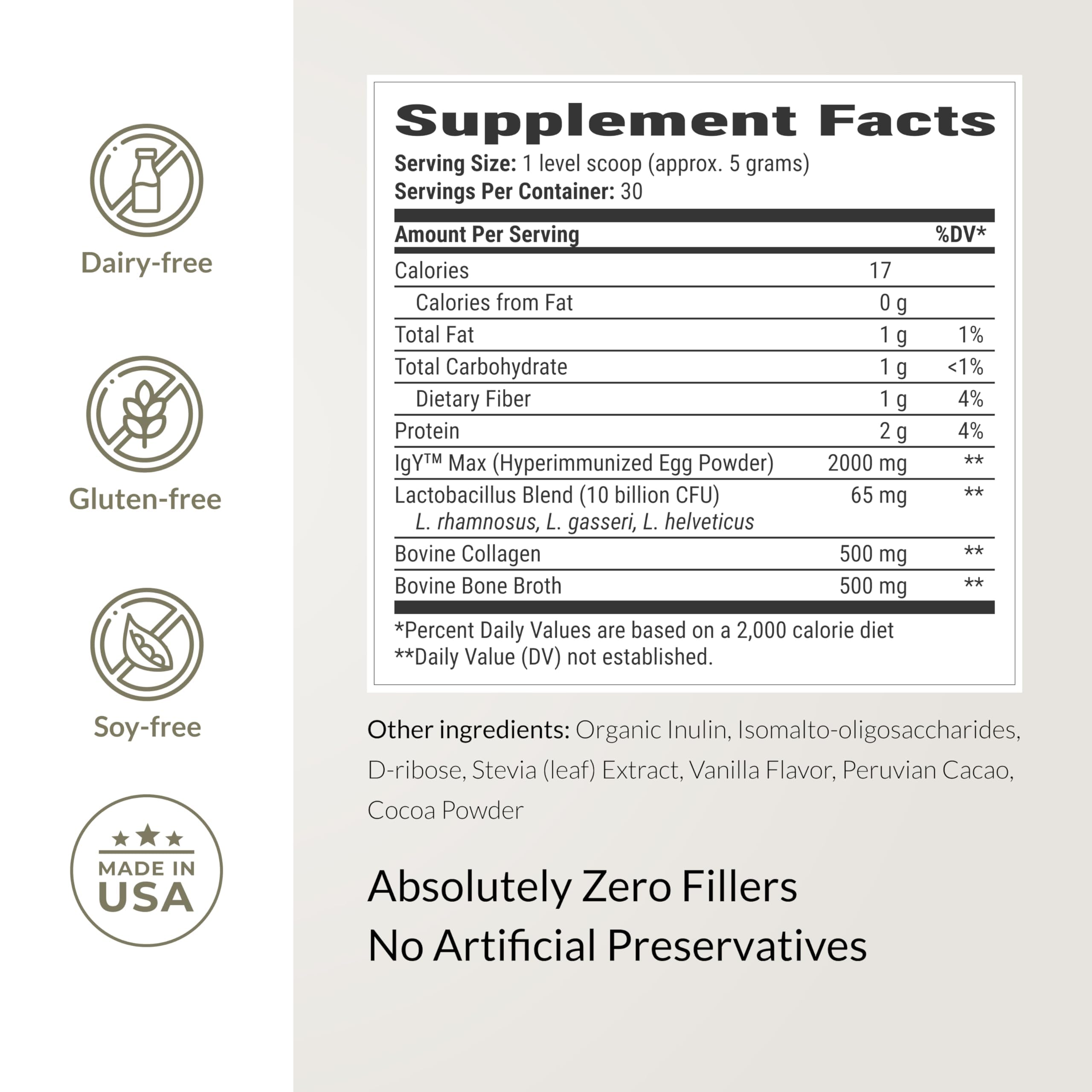 Container label showing 30 servings and product information