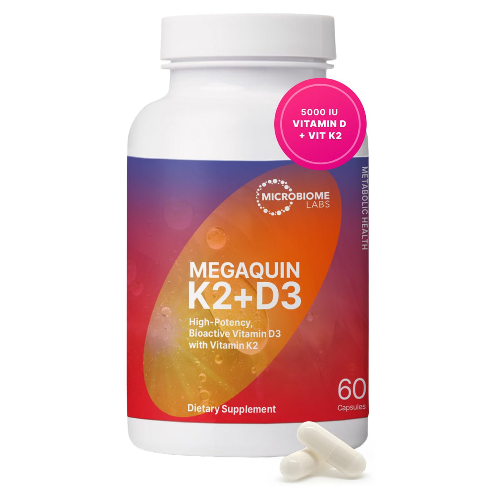 MegaQuin D3 + K2 bottle front view – Microbiome Labs, 60 capsules