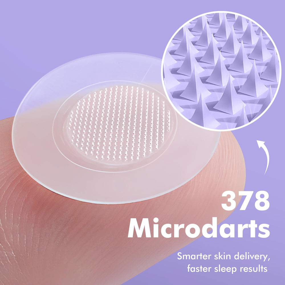 Close-up of microdart sleep patch showing L-Theanine and Magnesium Glycinate ingredients