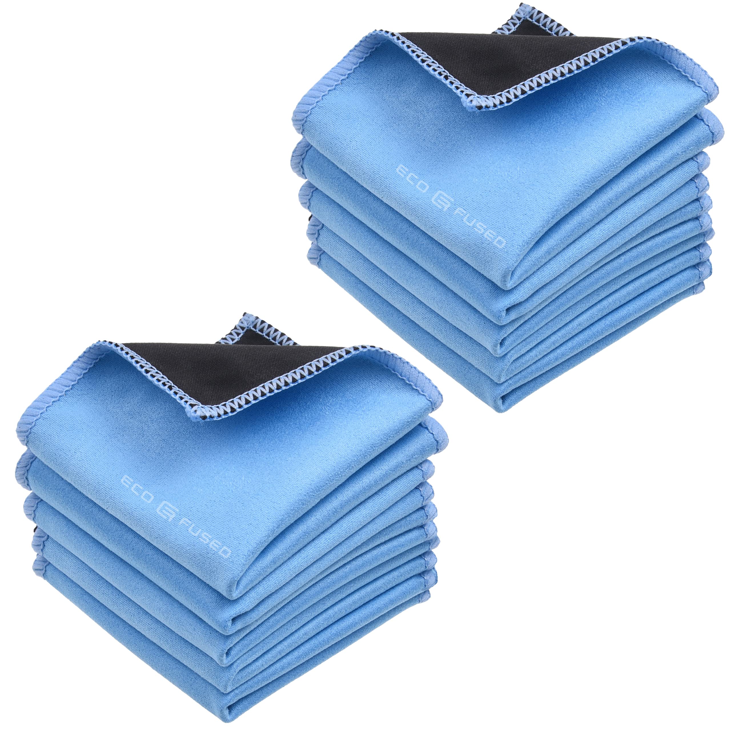 Ten double-sided microfiber cleaning cloths showing black microfiber side and blue suede side