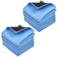 Ten double-sided microfiber cleaning cloths showing black microfiber side and blue suede side