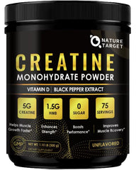 Bottle of micronized creatine monohydrate with measuring scoop