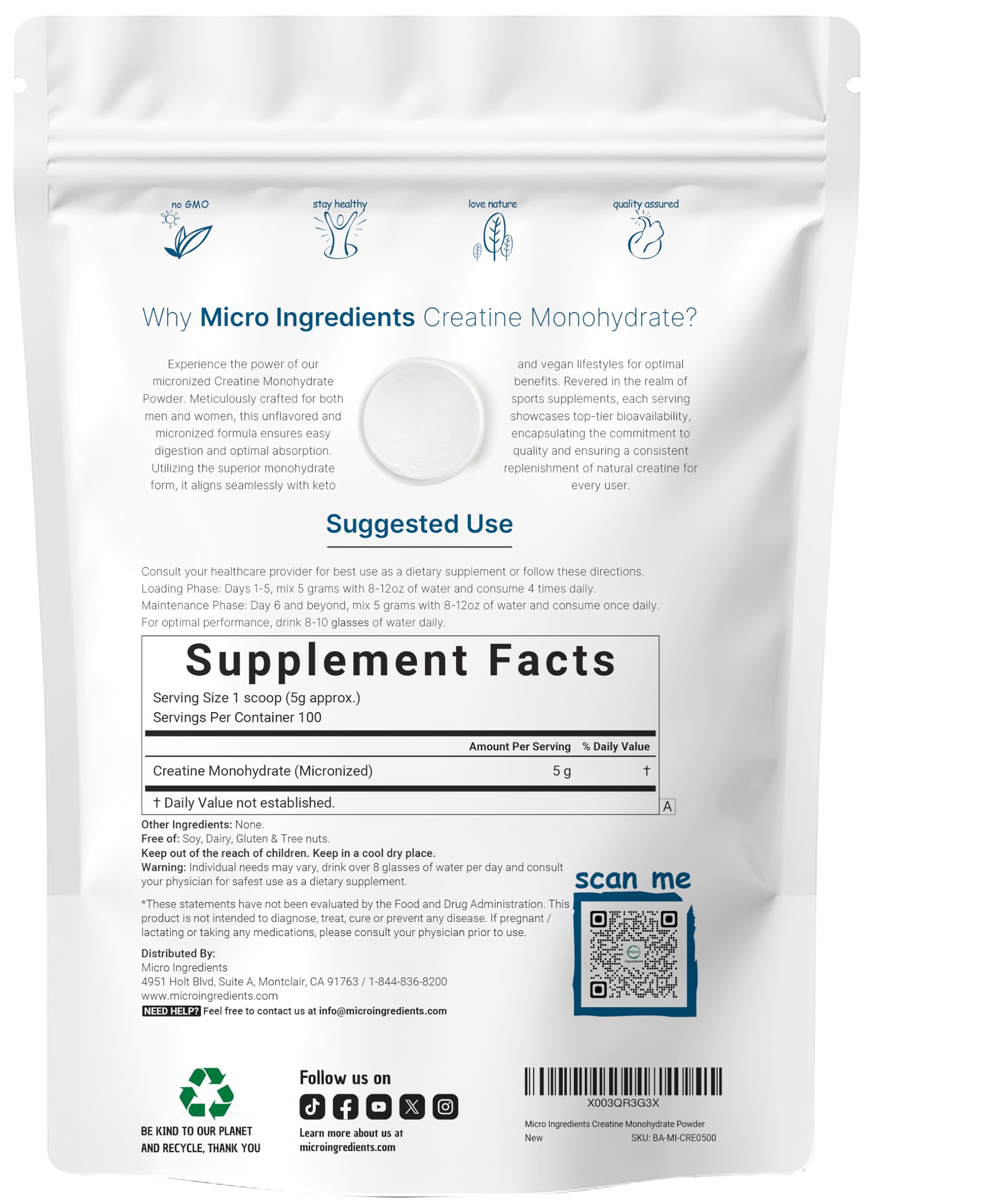Micronized creatine monohydrate powder, unflavored