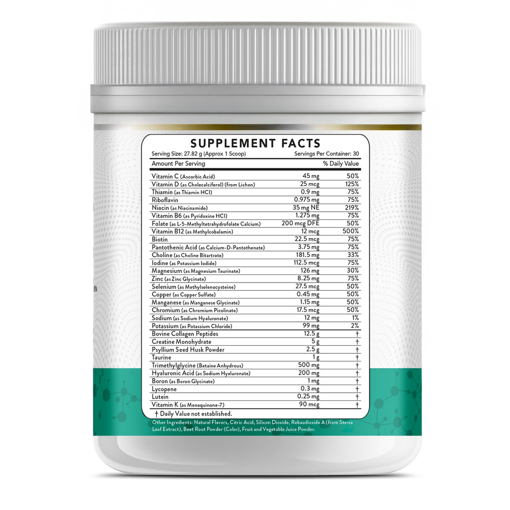 Detail of MicroVitamin+ ingredients showing collagen peptides, creatine, and hyaluronic acid