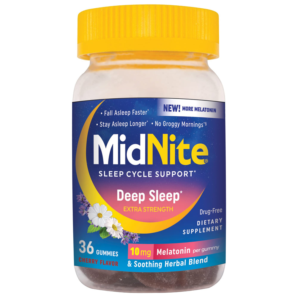 Front view of MidNite Deep Sleep Extra Strength 10 mg melatonin gummies bottle