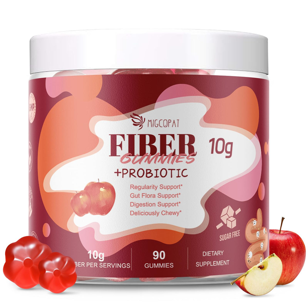 Migcopat front packaging showing 90-count bottle and apple flavor benefit digestive support