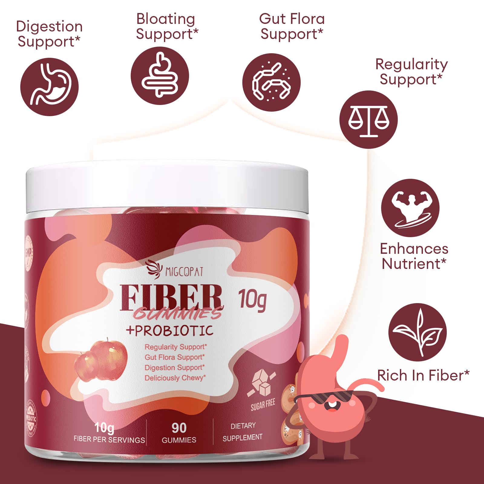 arrangement of Migcopat ingredients: inulin, apple cider vinegar and plant fibers for gut health