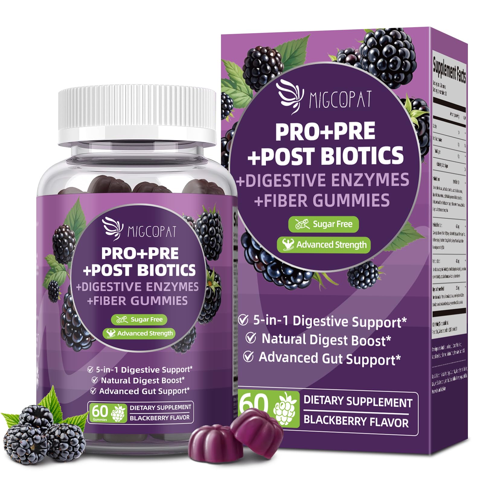 Front view of Migcopat Probiotics Gummies bottle and label