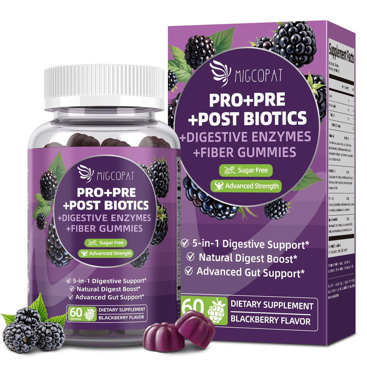 Front view of Migcopat Probiotics Gummies bottle and label