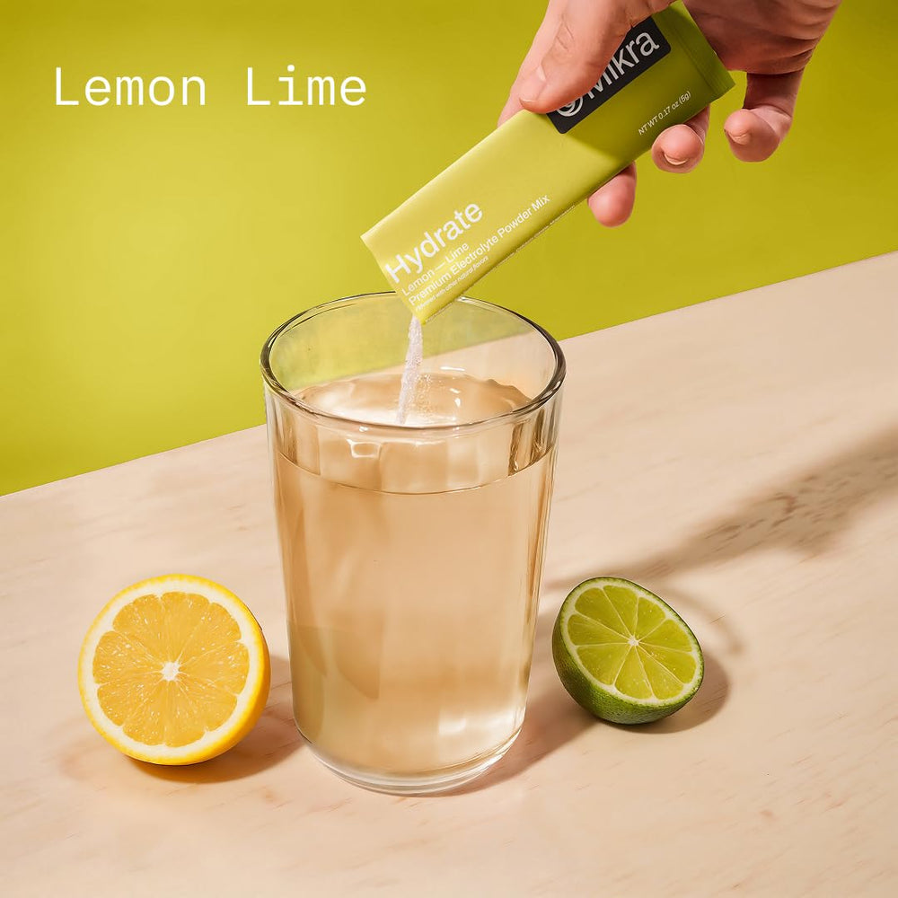 Mikra Hydrate packet opened showing powder ready to mix for travel