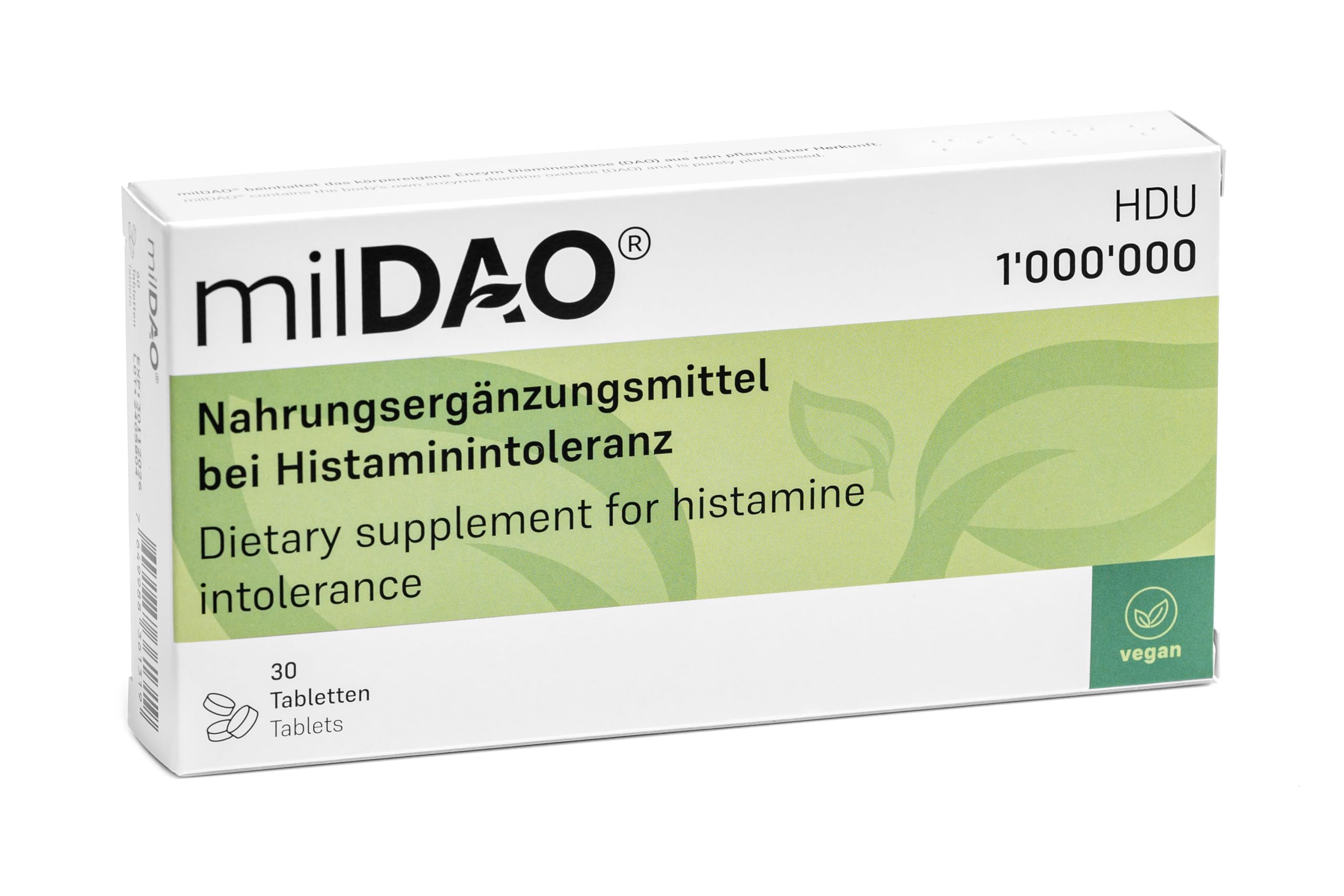 Bottle of milDAO 30 vegan tablets