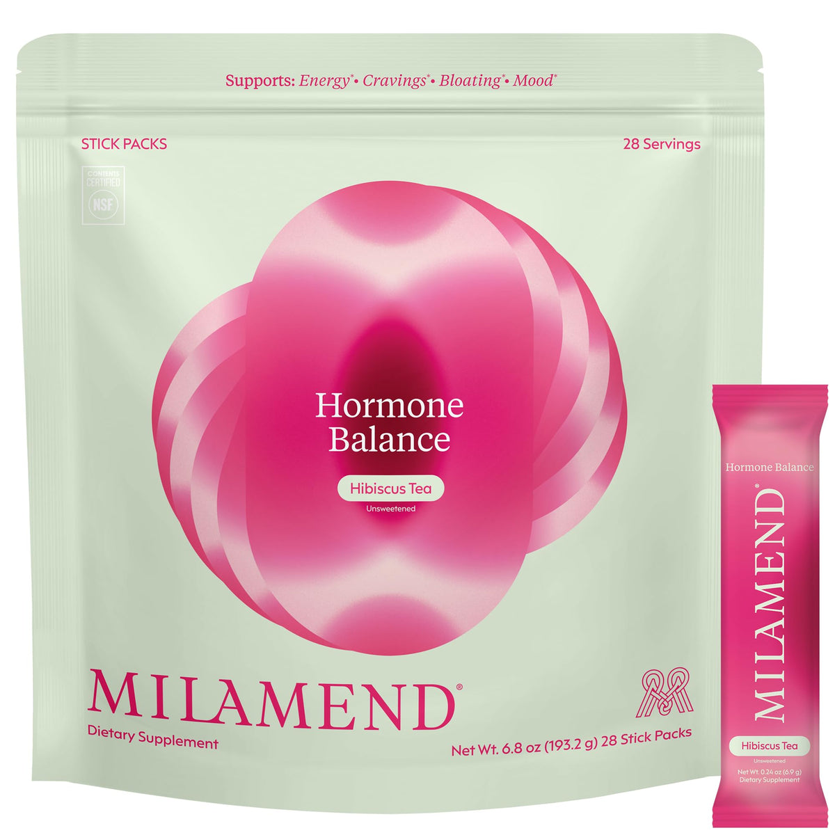 milamend front packaging showing clean hibiscus stick packs and monthly supply benefit