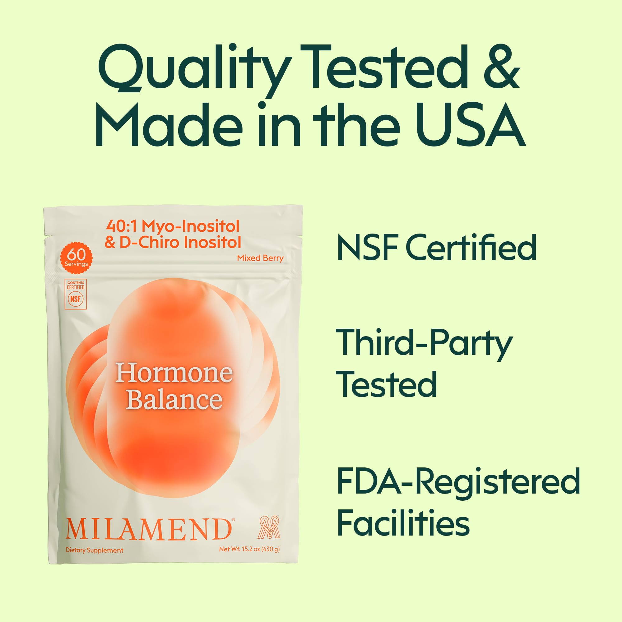 milamend label ingredients and certifications close-up, demonstrating third-party tested quality