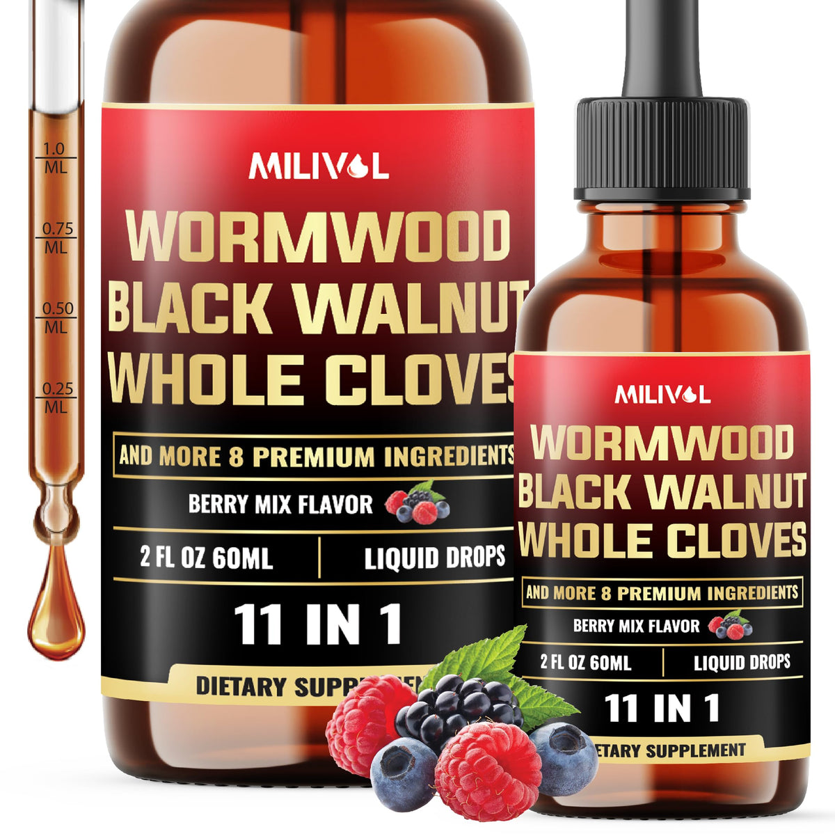 MILIVOL 11in1 Berry Mix tincture bottle front view, 2oz