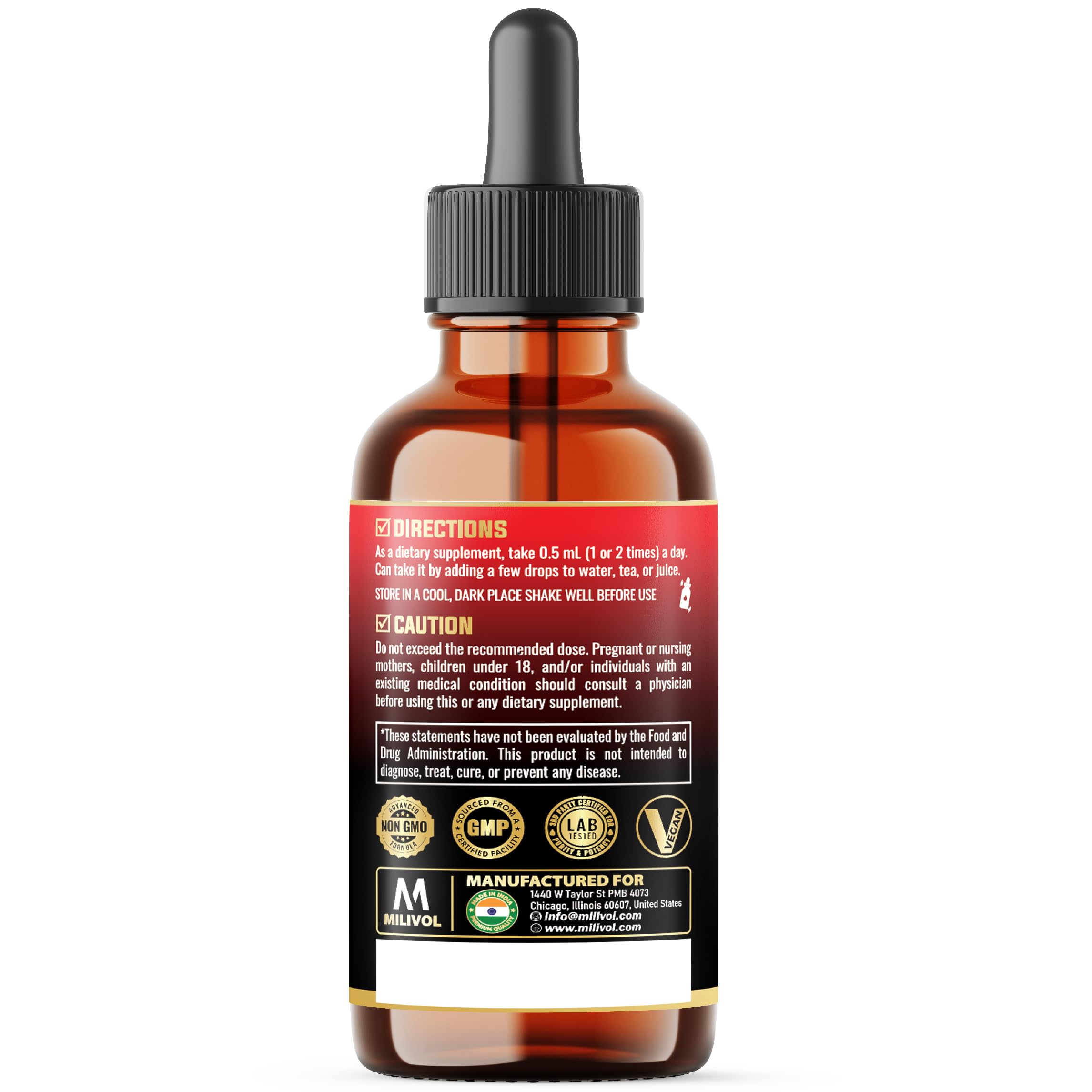 Dosage guide for MILIVOL 11in1 Berry Mix showing 0.5 ml per day