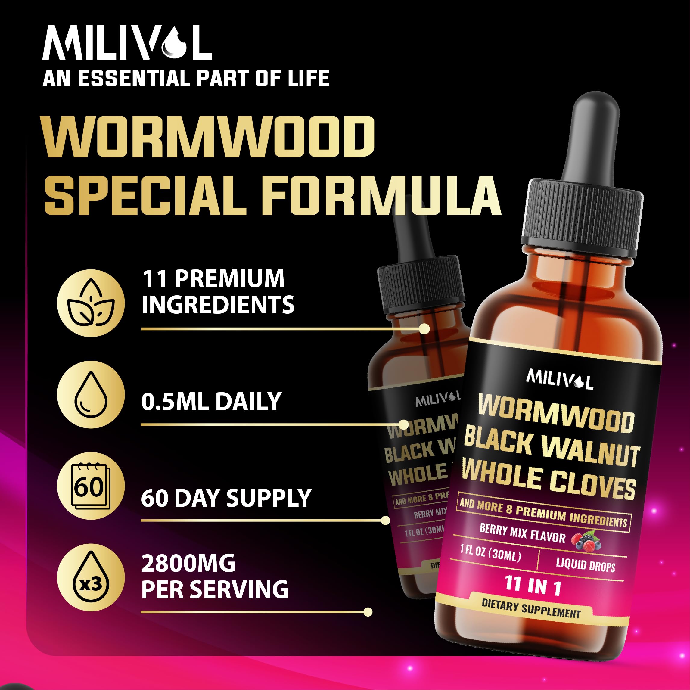 Shake well instruction and serving size graphic for MILIVOL 11in1 Wormwood Tincture