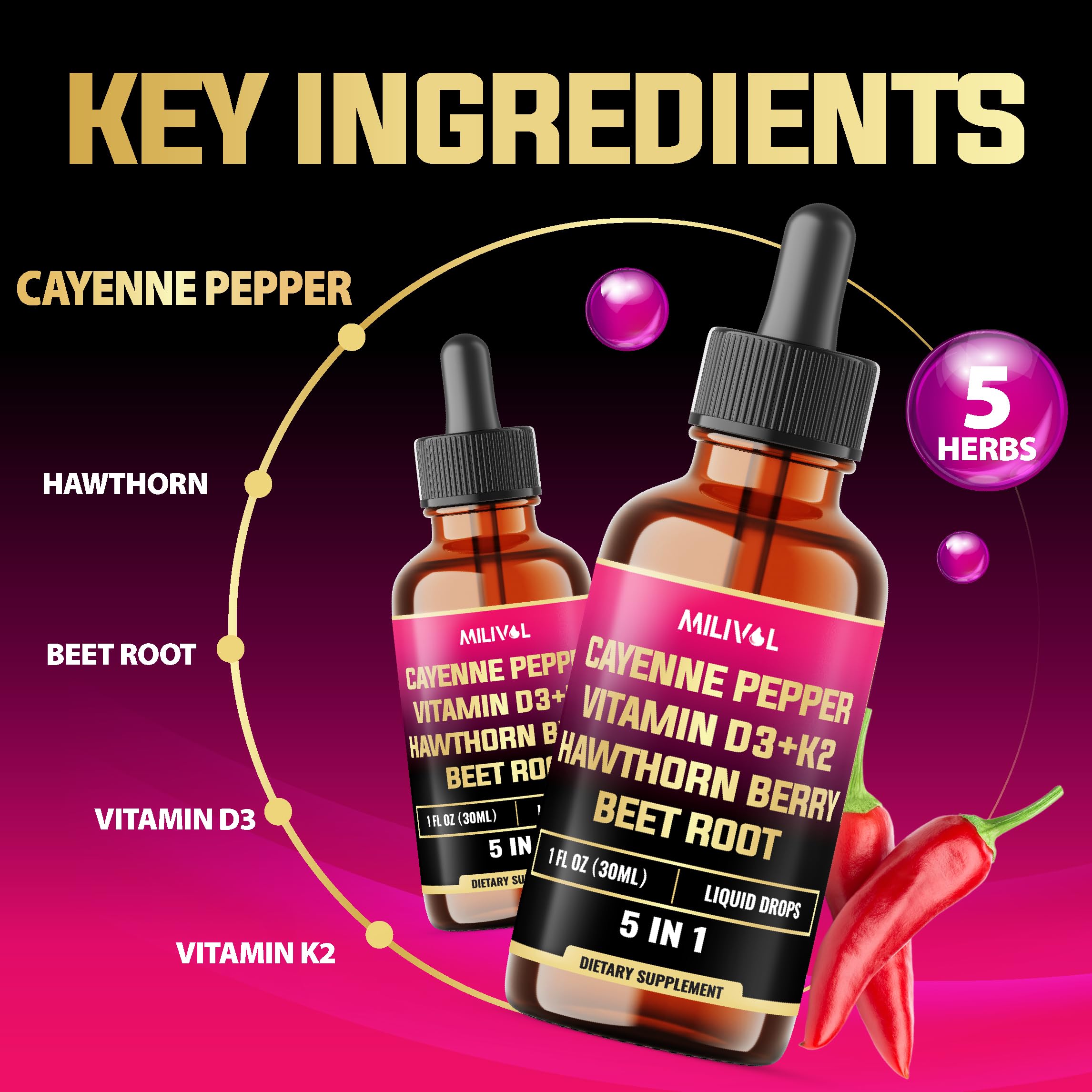 1 oz MILIVOL 5in1 cayenne pepper drops bottle on a white background