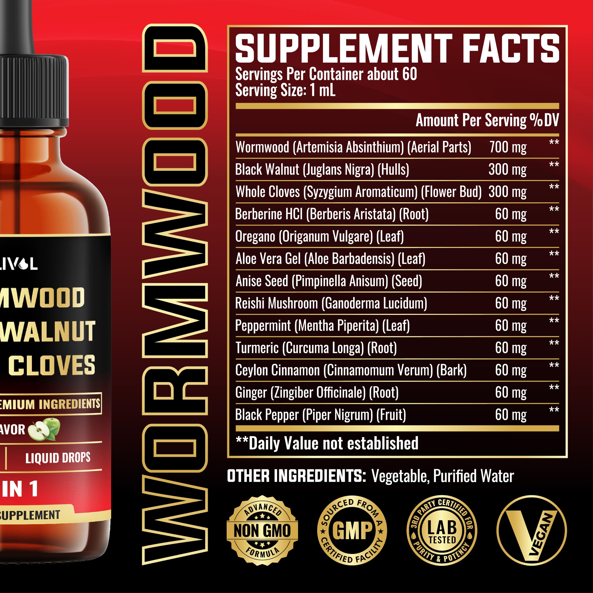 Close-up of Wormwood Liquid Drops ingredients: Wormwood, Black Walnut, and Whole Cloves