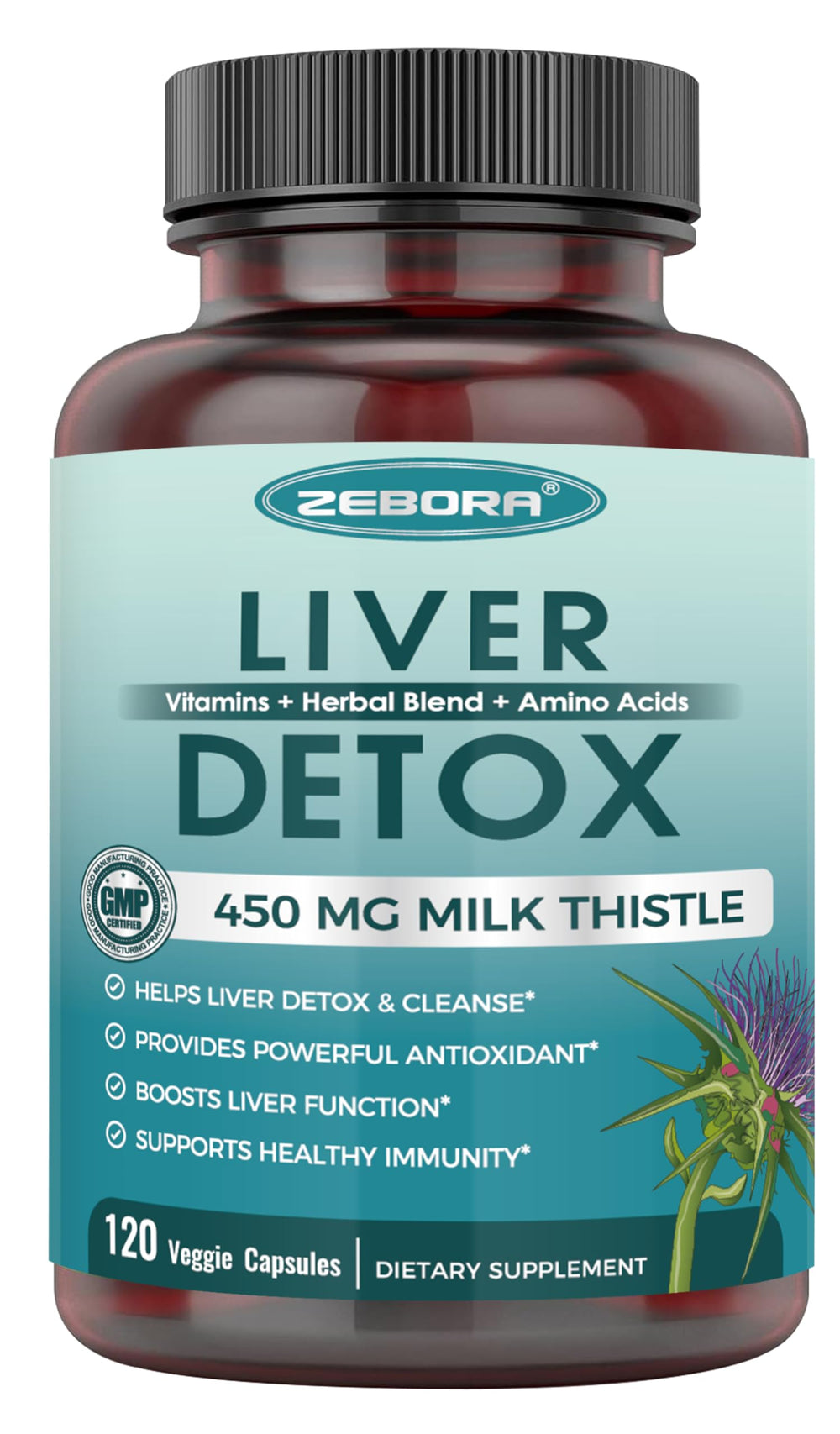 Milk thistle bottle highlighting 450 mg extract for liver support