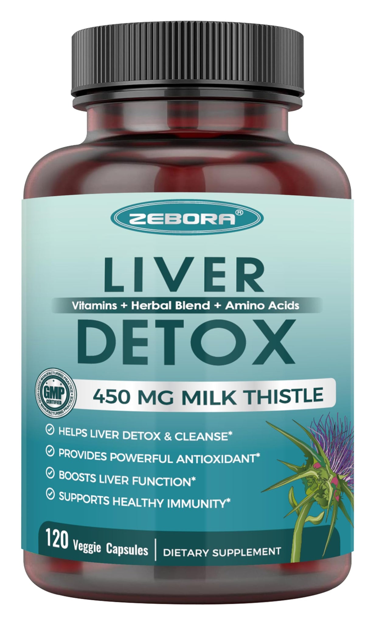 Milk thistle bottle highlighting 450 mg extract for liver support