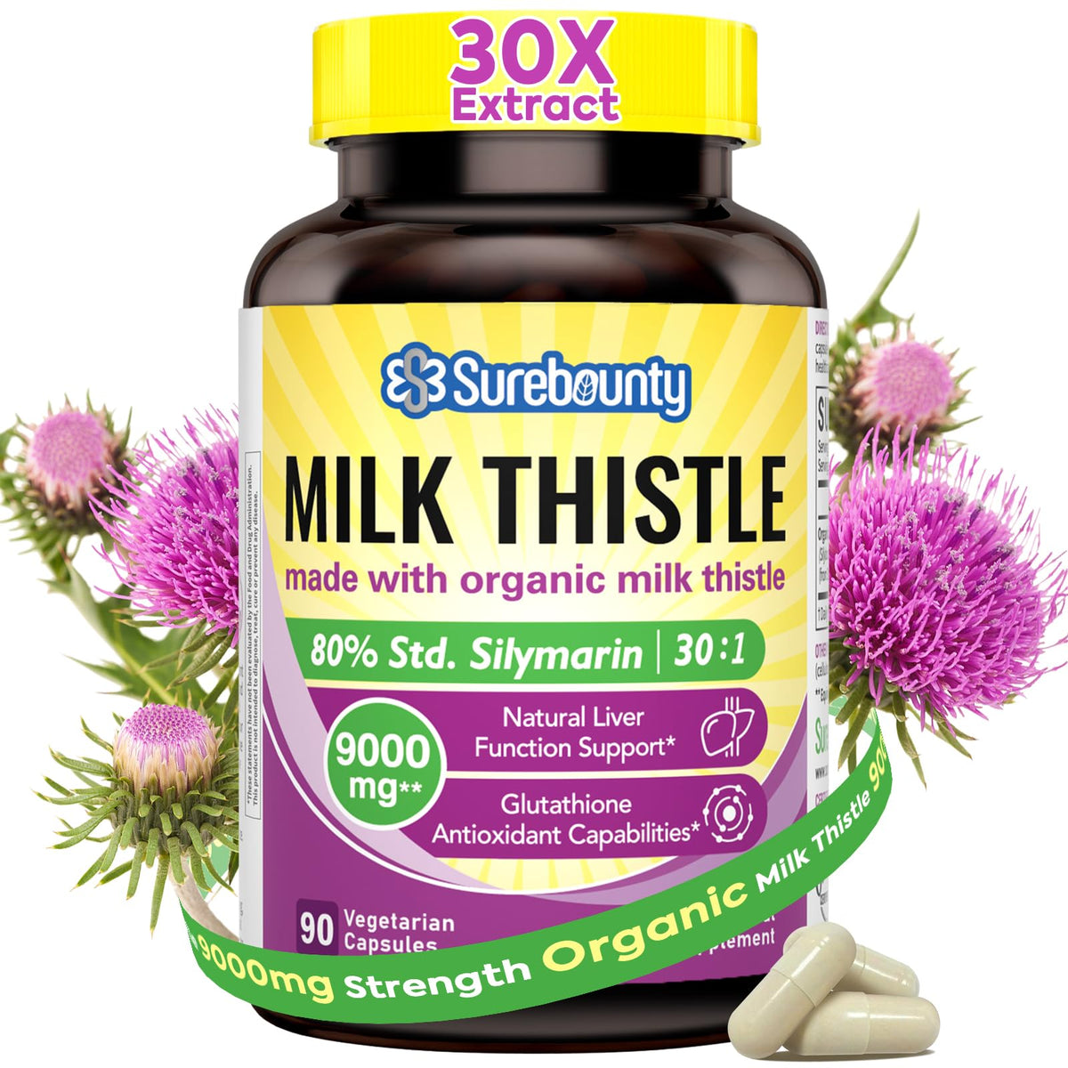 Bottle of milk thistle 9000mg 30X extract with 80% silymarin, 90 vegetarian capsules