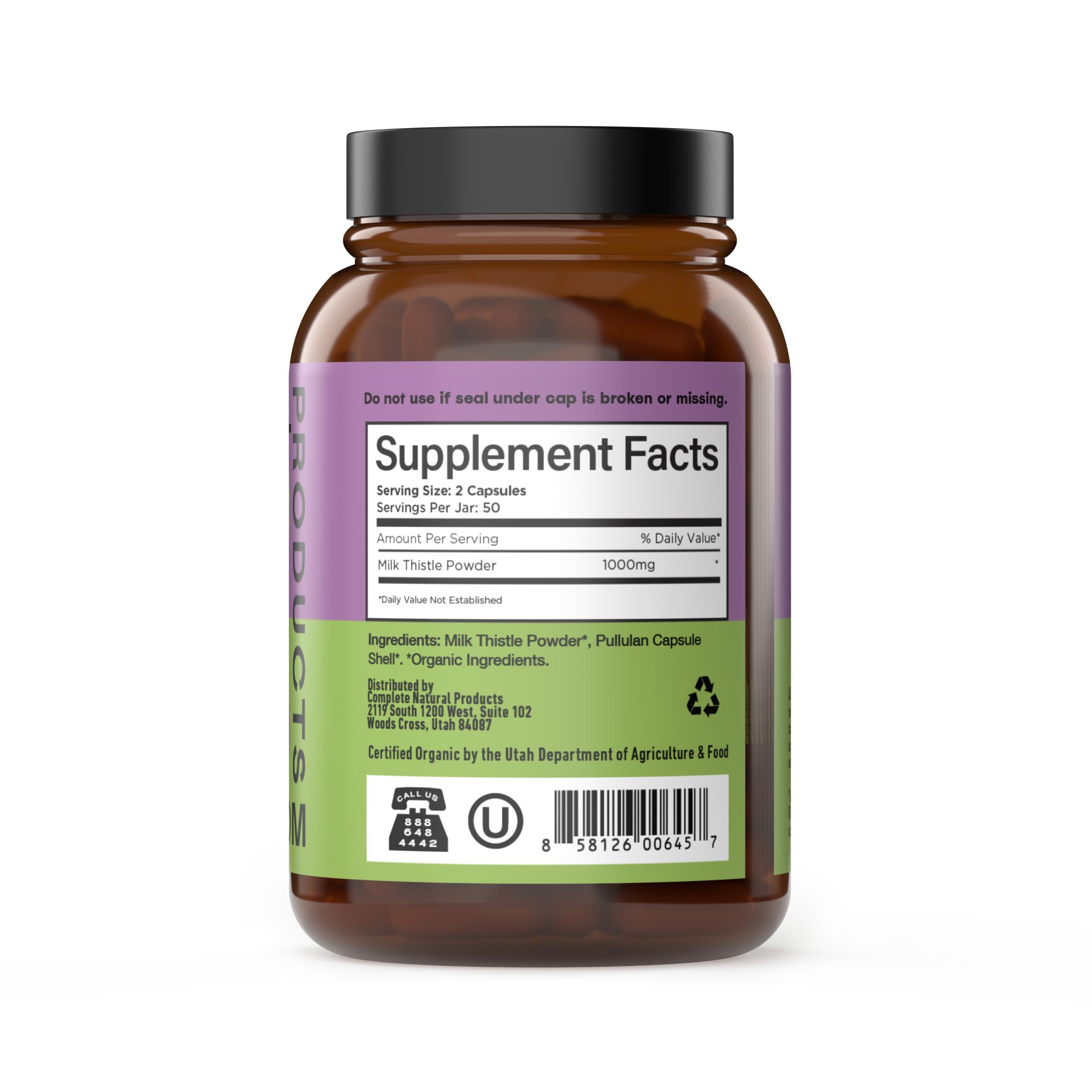 Close-up of milk thistle capsules showing 500 mg silymarin