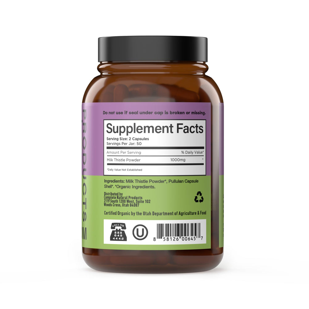 Close-up of milk thistle capsules showing 500 mg silymarin